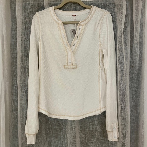 Free People White Waffle Henley - Picture 1 of 4